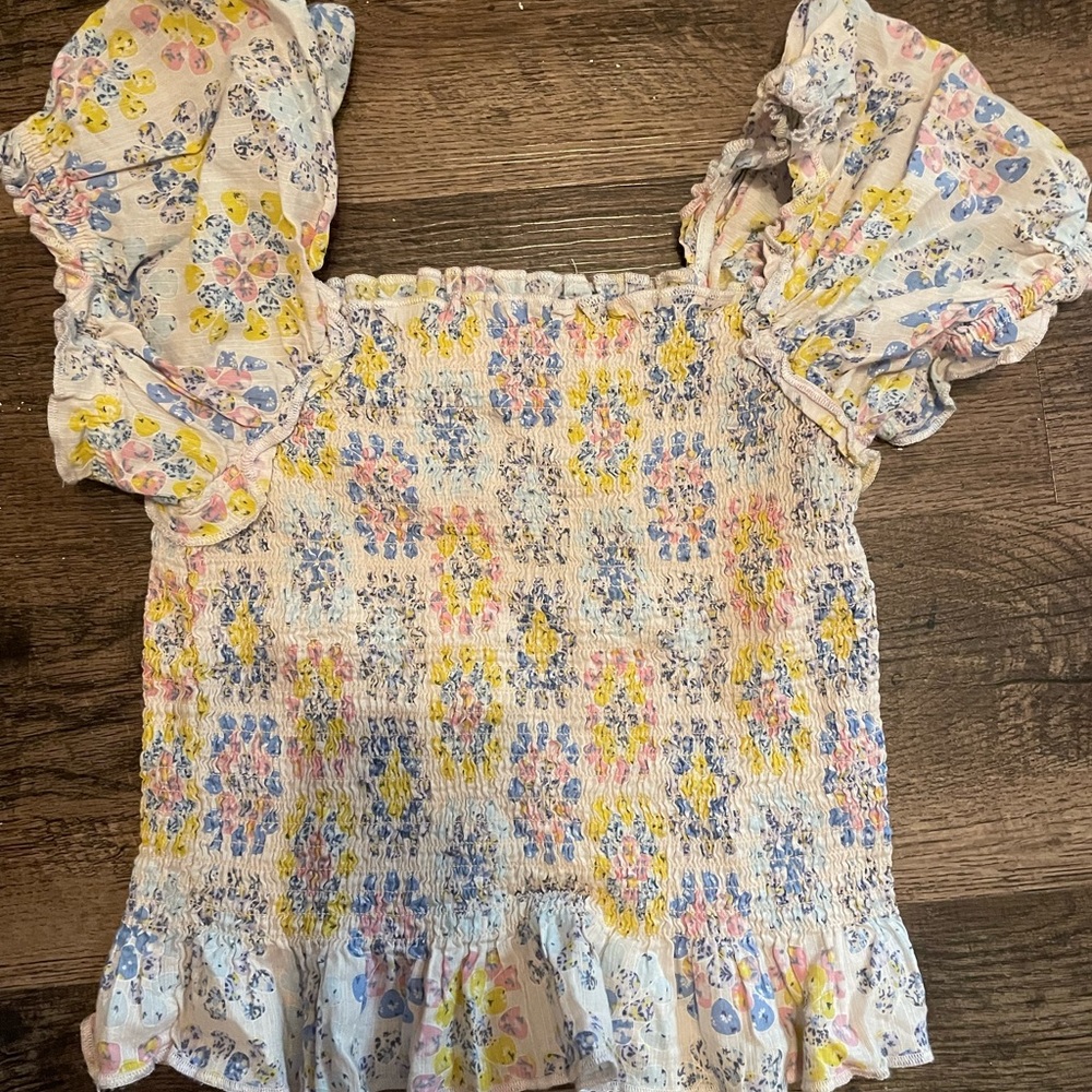 Wonder Nation Yellow and Blue Puff Sleeve Smocked Blouse